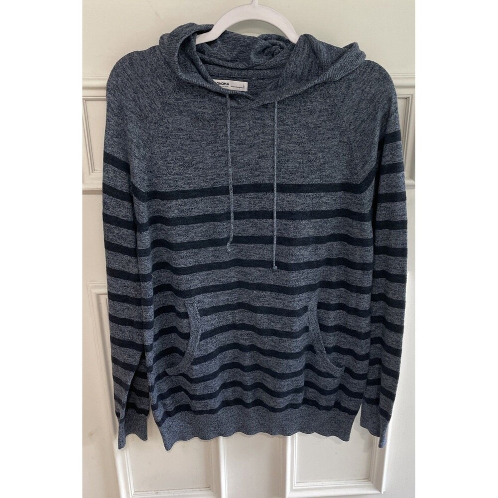 Sonoma Hoodie Women's Large Blue Stripe Pullover Top W/Pocket Open to #Reasonabl